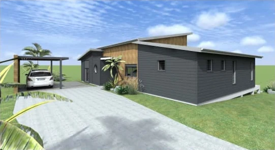 Vue 3D : villa plain-pied avec carport