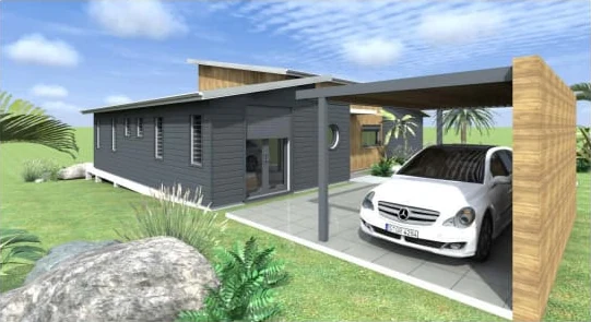 Vue 3D : carport et façade