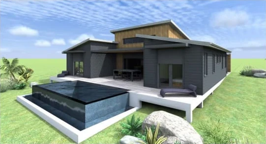 Vue 3D : terrasse et piscine