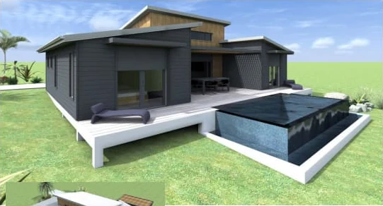 Vue 3D : piscine à débordement
